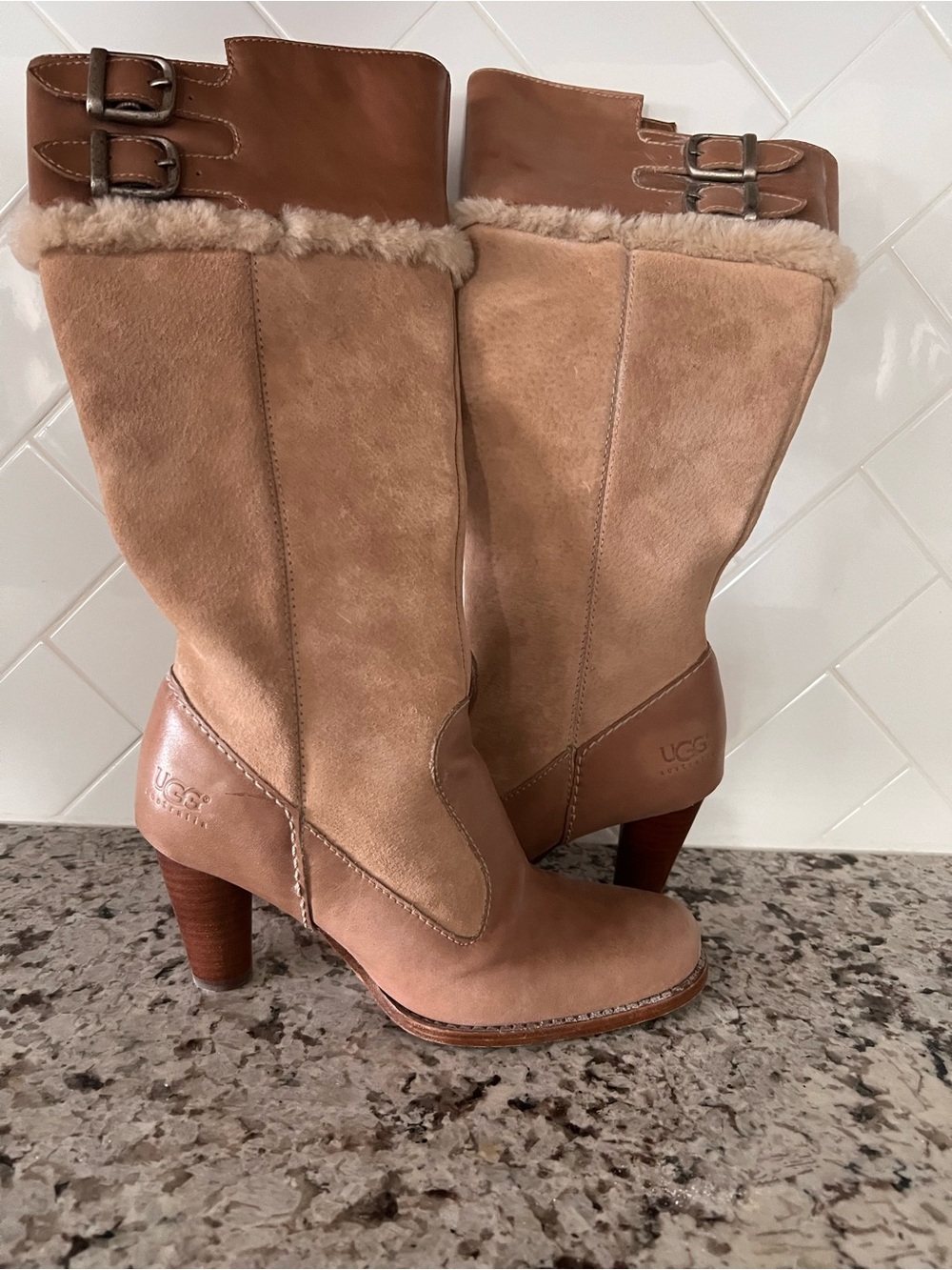 UGG Tan Suede Mid-Calf Shearling-Trim Heeled Boots